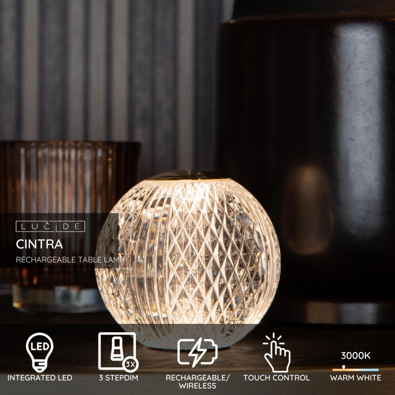 Lucide CINTRA - Nabíjacia stolová lampa - Batéria - Ø 11 cm - LED Rozm. - 1x2W 3000K - 3 StepDim - Transparent